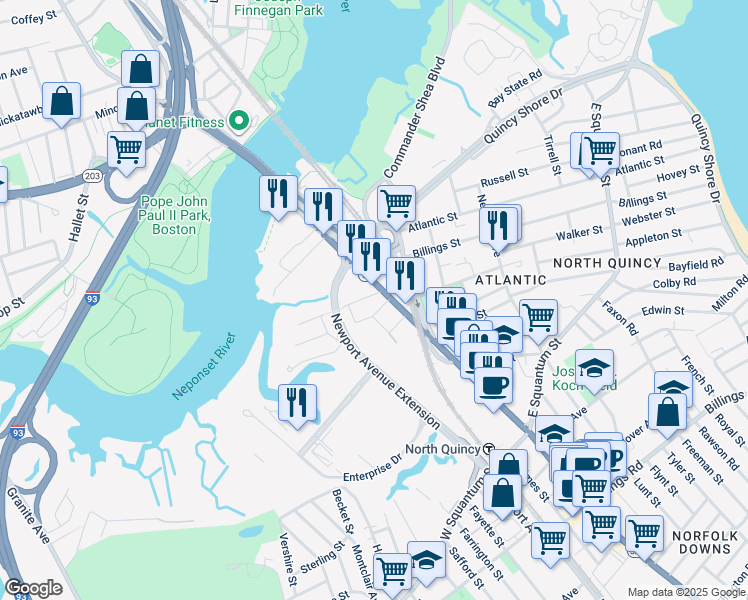 map of restaurants, bars, coffee shops, grocery stores, and more near 1922 Walnut Street in Quincy