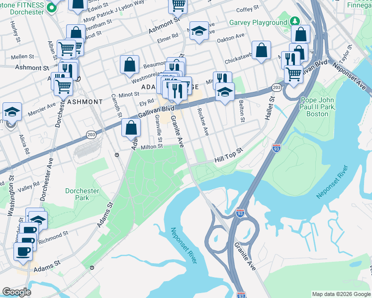map of restaurants, bars, coffee shops, grocery stores, and more near 71 Granite Avenue in Boston