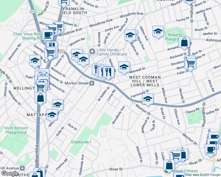map of restaurants, bars, coffee shops, grocery stores, and more near 907 Morton Street in Boston