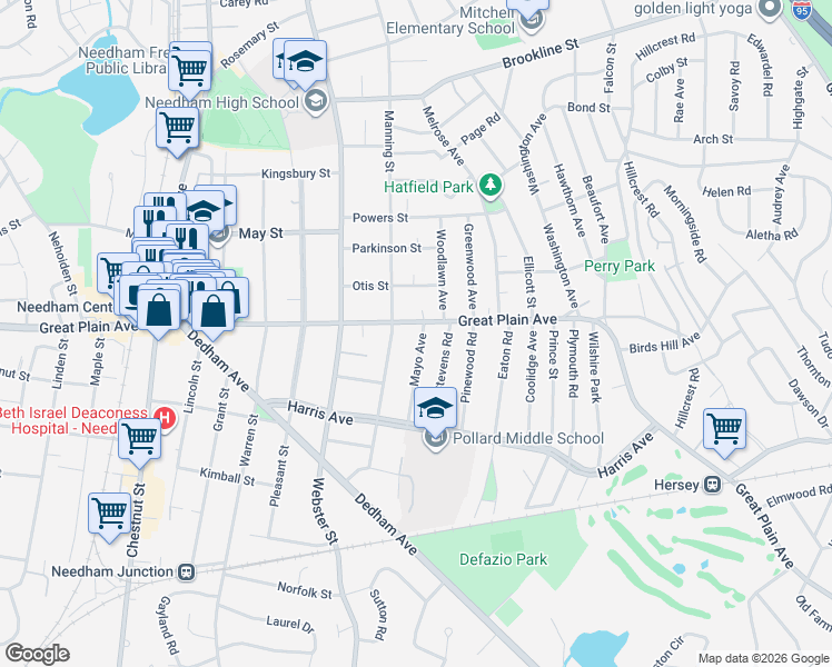 map of restaurants, bars, coffee shops, grocery stores, and more near 739 Great Plain Avenue in Needham