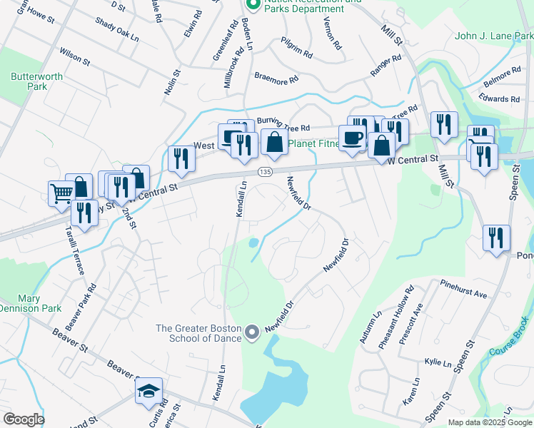 map of restaurants, bars, coffee shops, grocery stores, and more near 6 Village Green Lane in Natick