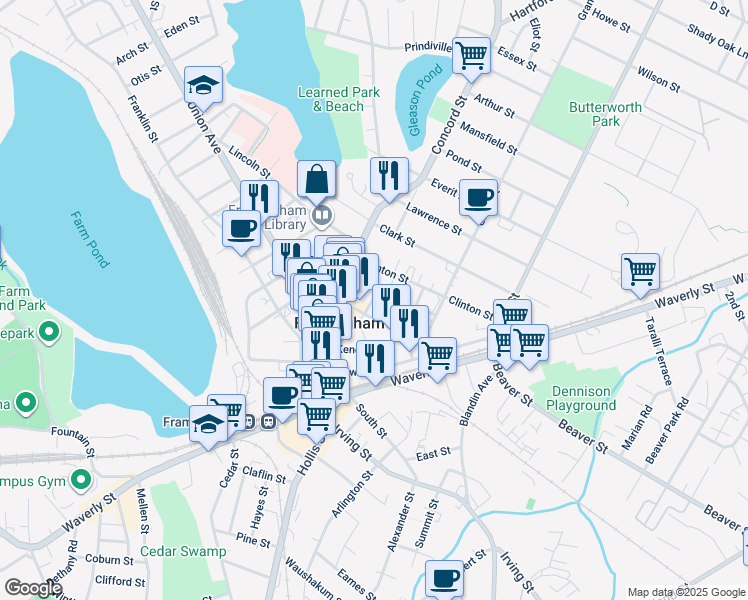 map of restaurants, bars, coffee shops, grocery stores, and more near 20 Richardson Circle in Framingham