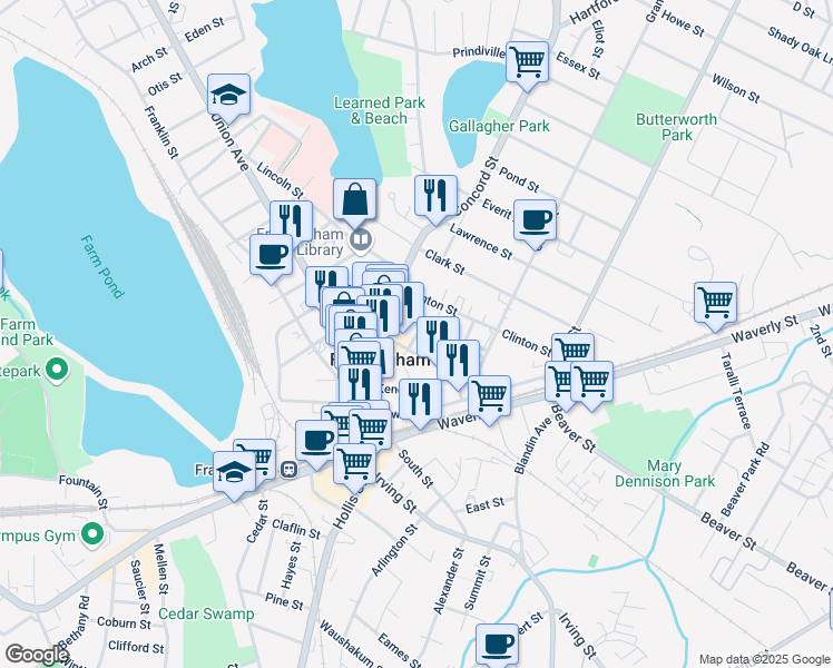 map of restaurants, bars, coffee shops, grocery stores, and more near 20 Richardson Circle in Framingham