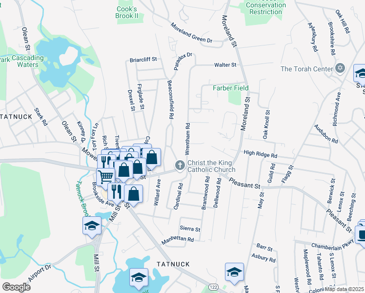 map of restaurants, bars, coffee shops, grocery stores, and more near 16 Wrentham Road in Worcester