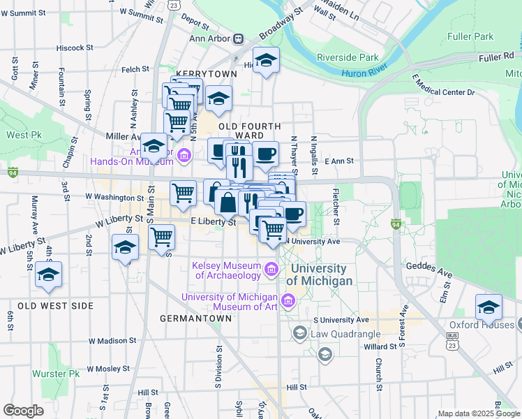 map of restaurants, bars, coffee shops, grocery stores, and more near 603 East Liberty Street in Ann Arbor