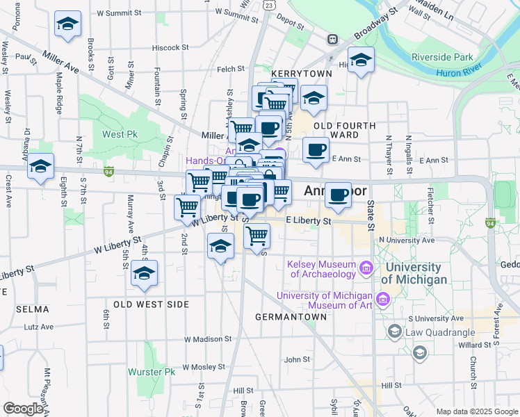 map of restaurants, bars, coffee shops, grocery stores, and more near 106 East Washington Street in Ann Arbor