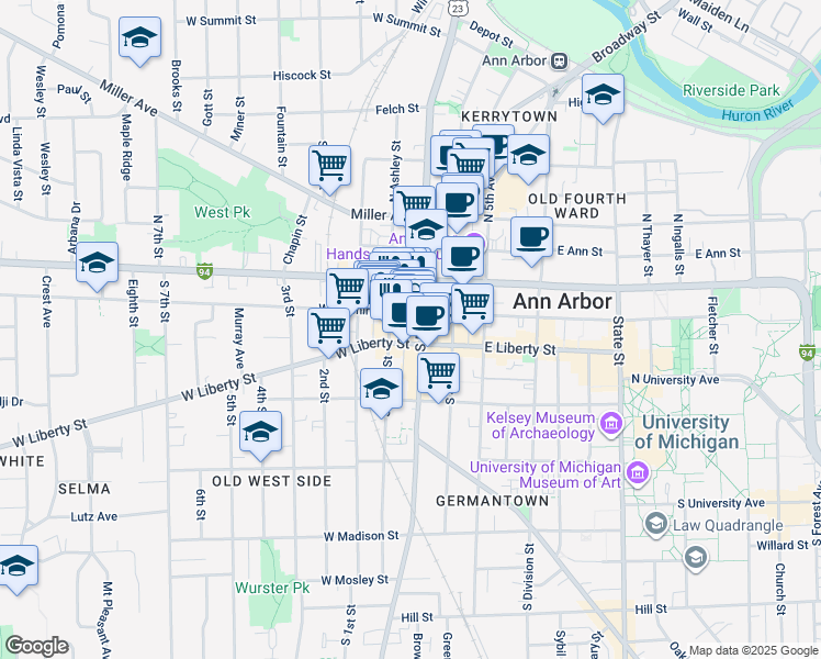 map of restaurants, bars, coffee shops, grocery stores, and more near 126 South Main Street in Ann Arbor
