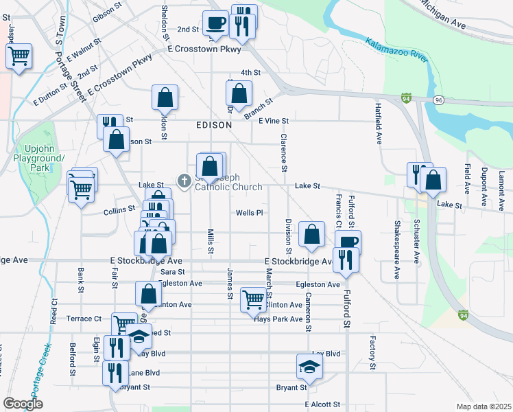 map of restaurants, bars, coffee shops, grocery stores, and more near 1112 March Street in Kalamazoo