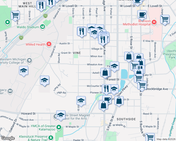 map of restaurants, bars, coffee shops, grocery stores, and more near 719 Wheaton Avenue in Kalamazoo