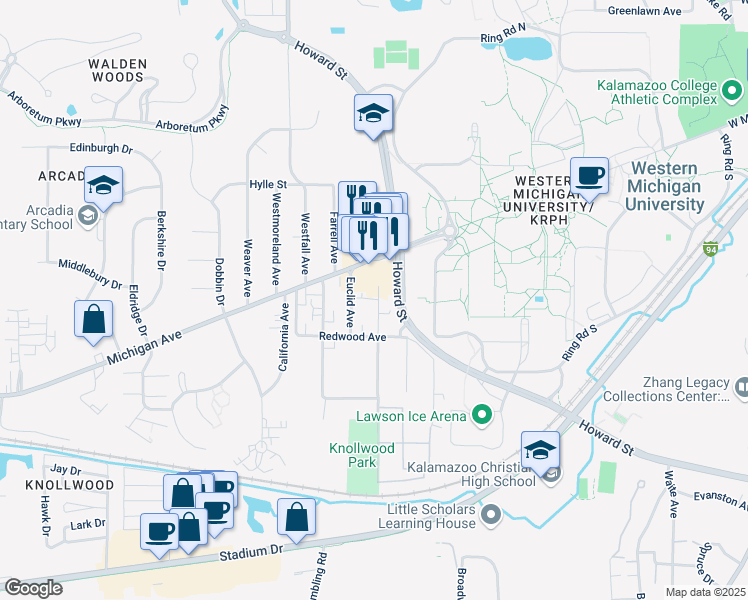map of restaurants, bars, coffee shops, grocery stores, and more near 1108 Lafayette Avenue in Kalamazoo