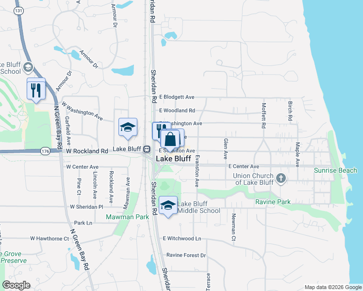 map of restaurants, bars, coffee shops, grocery stores, and more near 117 East North Avenue in Lake Bluff