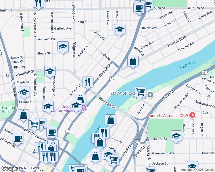 map of restaurants, bars, coffee shops, grocery stores, and more near 948 North Main Street in Rockford