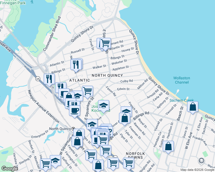 map of restaurants, bars, coffee shops, grocery stores, and more near 10 Faxon Road in Quincy