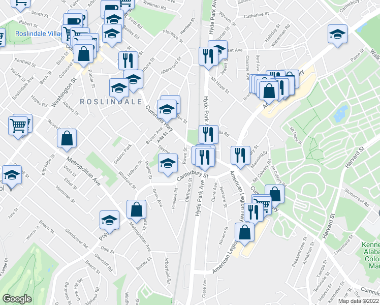 map of restaurants, bars, coffee shops, grocery stores, and more near 237 Cummins Highway in Boston
