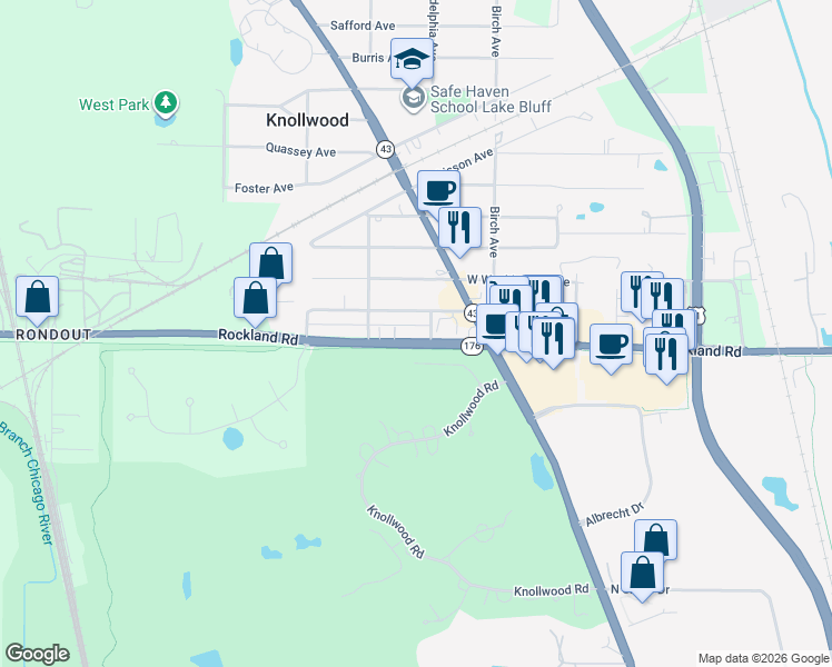 map of restaurants, bars, coffee shops, grocery stores, and more near 12813 West North Avenue in Lake Bluff