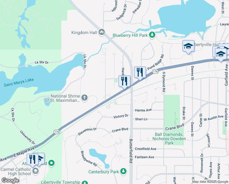 map of restaurants, bars, coffee shops, grocery stores, and more near 121 Kenloch Avenue in Libertyville