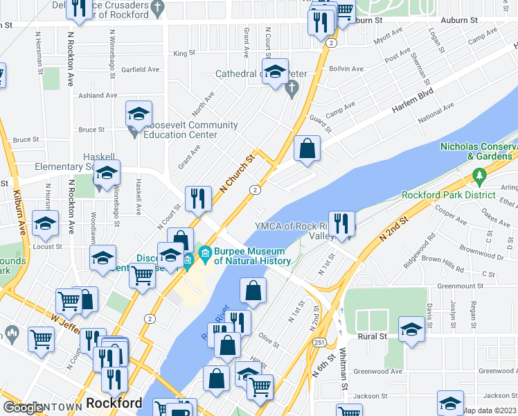 map of restaurants, bars, coffee shops, grocery stores, and more near 975 North Main Street in Rockford
