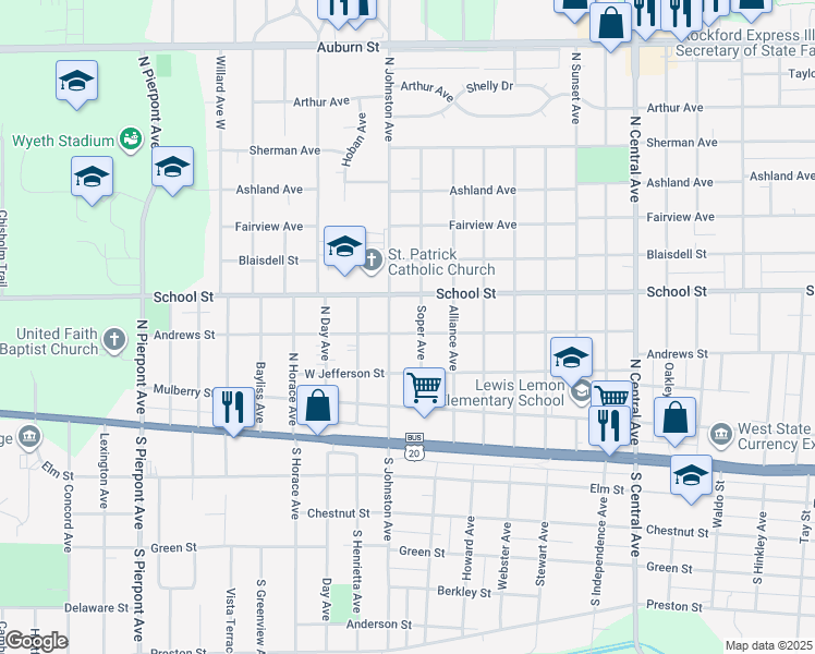 map of restaurants, bars, coffee shops, grocery stores, and more near 2411 Andrews Street in Rockford