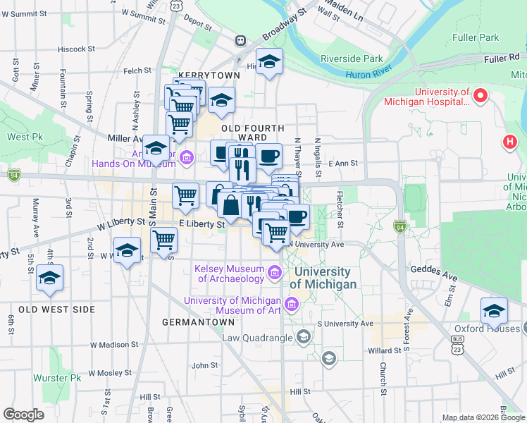map of restaurants, bars, coffee shops, grocery stores, and more near 603 East Liberty Street in Ann Arbor