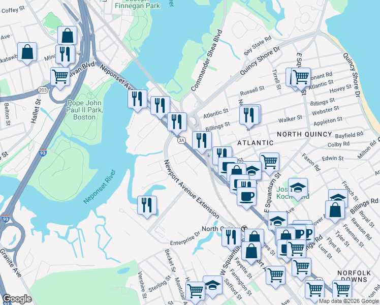 map of restaurants, bars, coffee shops, grocery stores, and more near 133 Hancock Street in Quincy