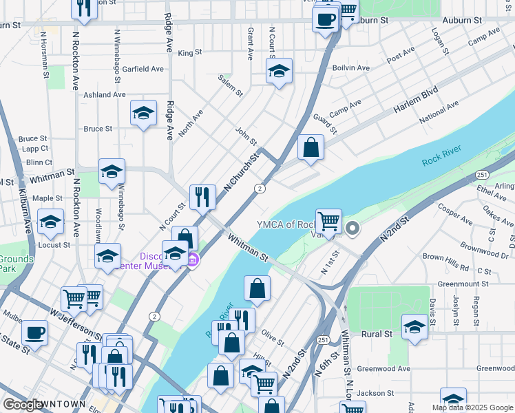 map of restaurants, bars, coffee shops, grocery stores, and more near 975 North Main Street in Rockford