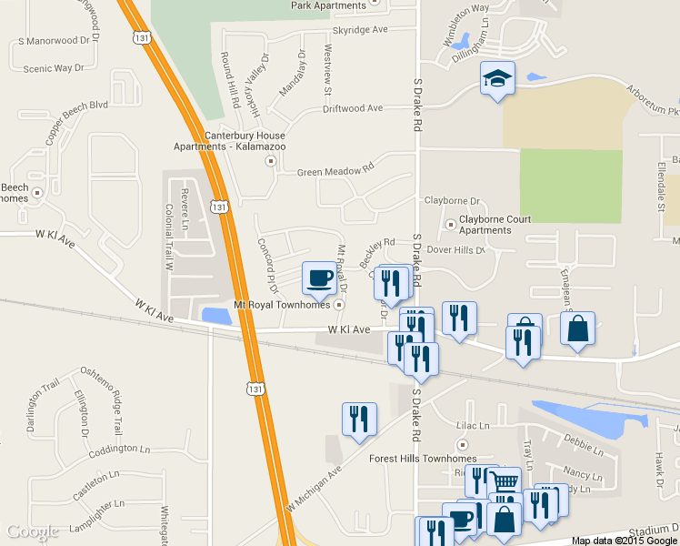 map of restaurants, bars, coffee shops, grocery stores, and more near Mount Royal Drive in Kalamazoo