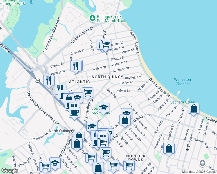 map of restaurants, bars, coffee shops, grocery stores, and more near in Quincy