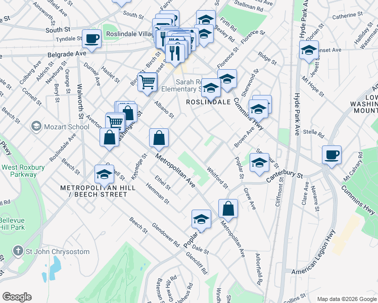 map of restaurants, bars, coffee shops, grocery stores, and more near 38 Whitford Street in Boston