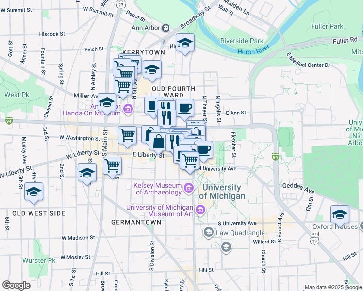 map of restaurants, bars, coffee shops, grocery stores, and more near 602 East Washington Street in Ann Arbor