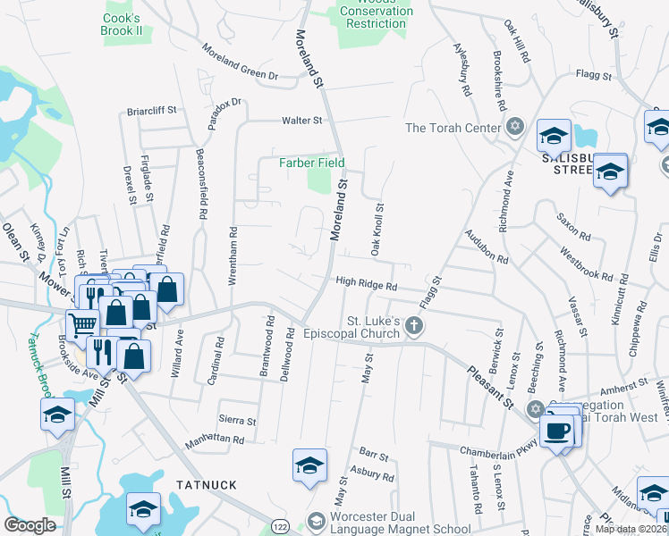 map of restaurants, bars, coffee shops, grocery stores, and more near 39 Moreland Street in Worcester