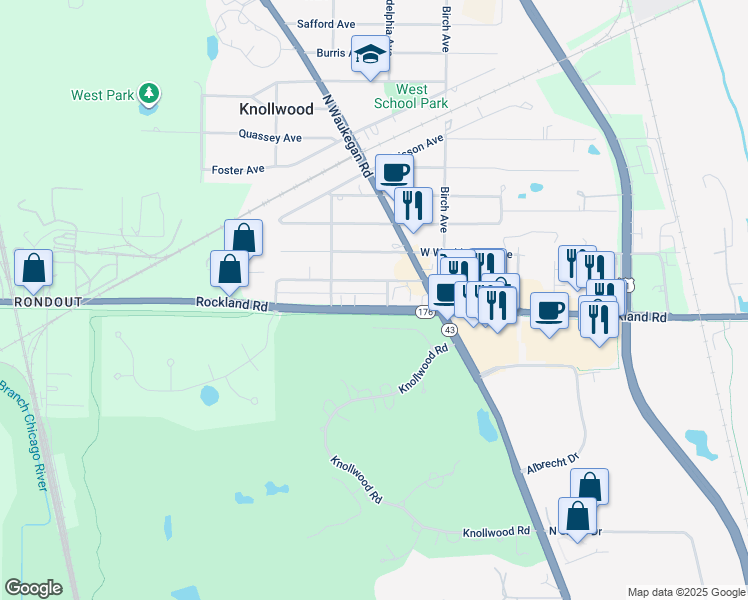 map of restaurants, bars, coffee shops, grocery stores, and more near 12776 Rockland Road in Lake Bluff