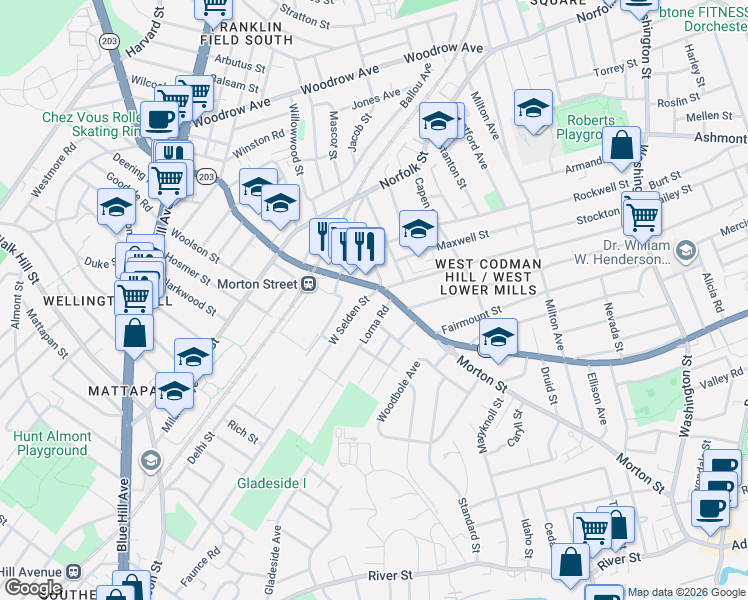 map of restaurants, bars, coffee shops, grocery stores, and more near 907 Morton Street in Boston