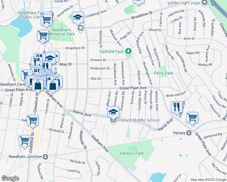 map of restaurants, bars, coffee shops, grocery stores, and more near 706 Great Plain Avenue in Needham