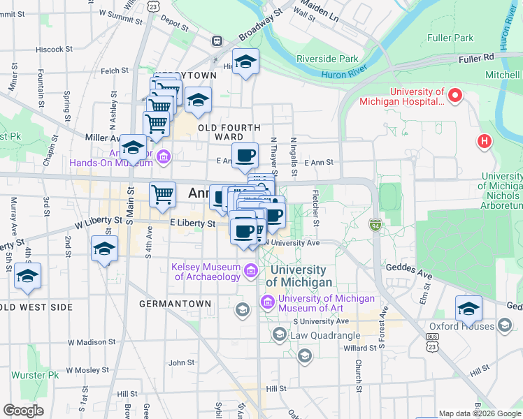 map of restaurants, bars, coffee shops, grocery stores, and more near 205 South State Street in Ann Arbor