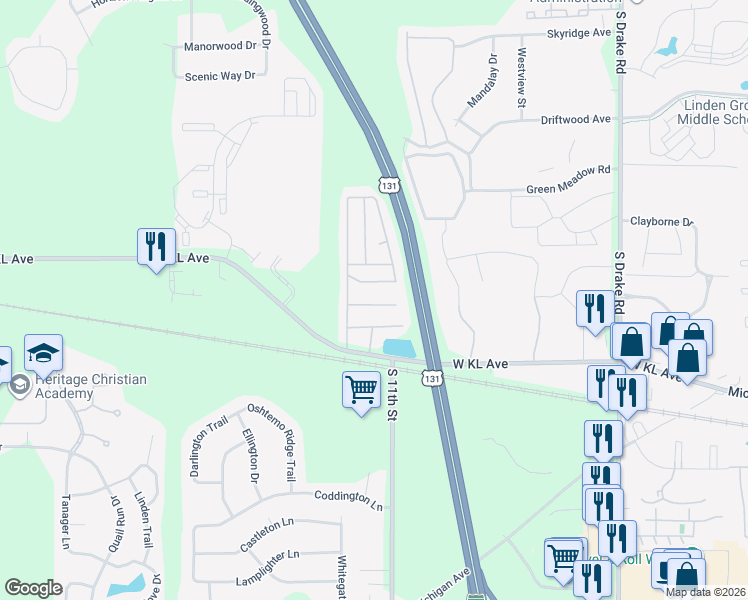 map of restaurants, bars, coffee shops, grocery stores, and more near 5400-5520 Redcoat Lane in Kalamazoo