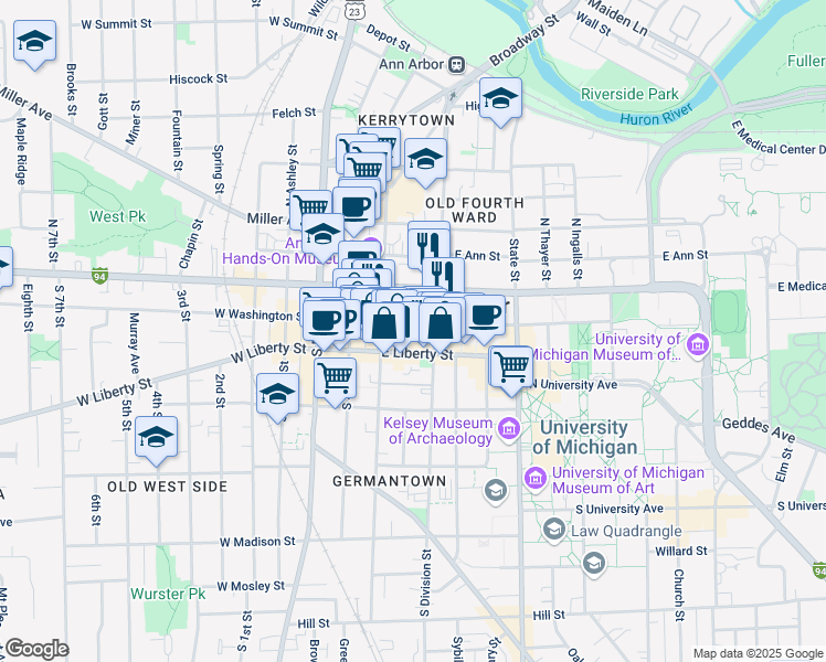 map of restaurants, bars, coffee shops, grocery stores, and more near 322 East Washington Street in Ann Arbor