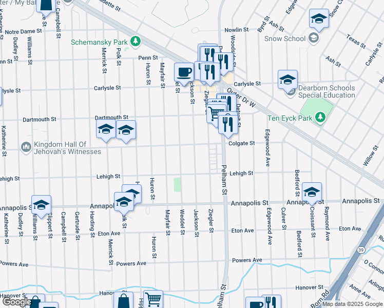 map of restaurants, bars, coffee shops, grocery stores, and more near 4101 Jackson Street in Dearborn Heights