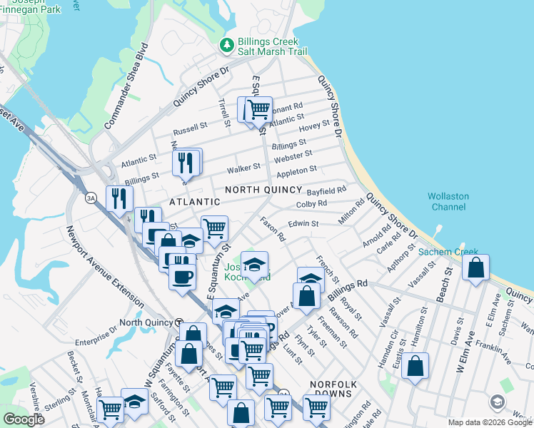 map of restaurants, bars, coffee shops, grocery stores, and more near in Quincy