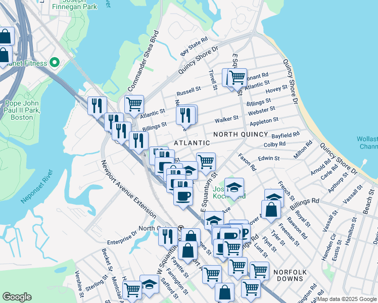 map of restaurants, bars, coffee shops, grocery stores, and more near 74 Young Street in Quincy