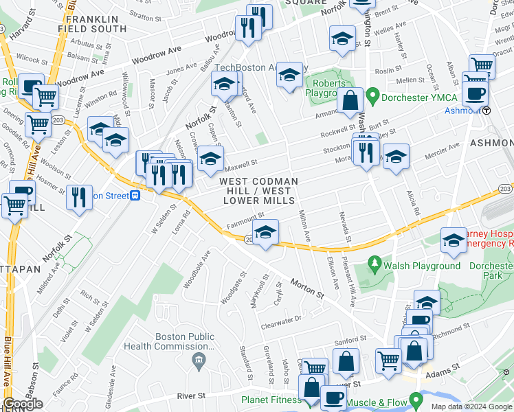map of restaurants, bars, coffee shops, grocery stores, and more near 250 Fuller Street in Boston
