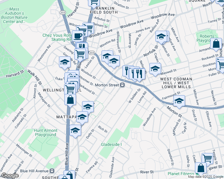 map of restaurants, bars, coffee shops, grocery stores, and more near 12 Astoria Street in Boston