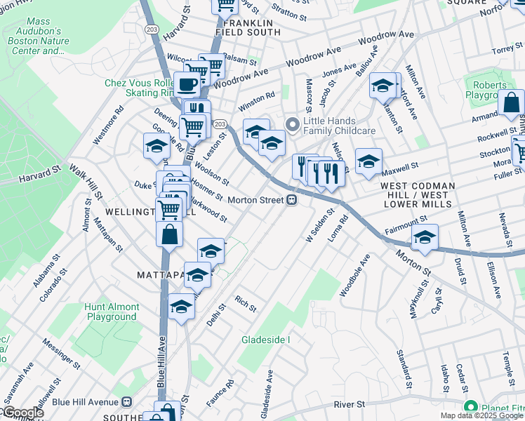 map of restaurants, bars, coffee shops, grocery stores, and more near 466 Norfolk Street in Boston