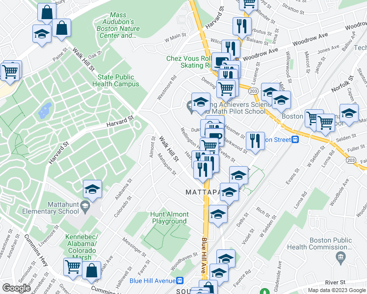 map of restaurants, bars, coffee shops, grocery stores, and more near 57 Hazleton Street in Boston