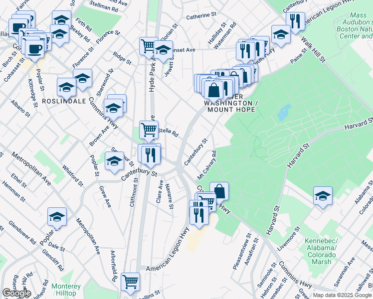 map of restaurants, bars, coffee shops, grocery stores, and more near 55 Stella Road in Boston