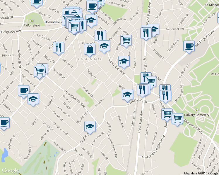 map of restaurants, bars, coffee shops, grocery stores, and more near 17 Brown Avenue in Boston