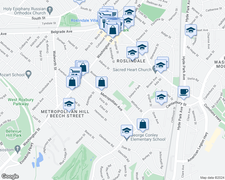 map of restaurants, bars, coffee shops, grocery stores, and more near 38 Whitford Street in Boston