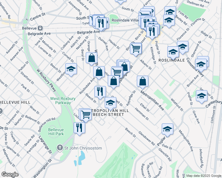 map of restaurants, bars, coffee shops, grocery stores, and more near 41 Wellsmere Road in Boston
