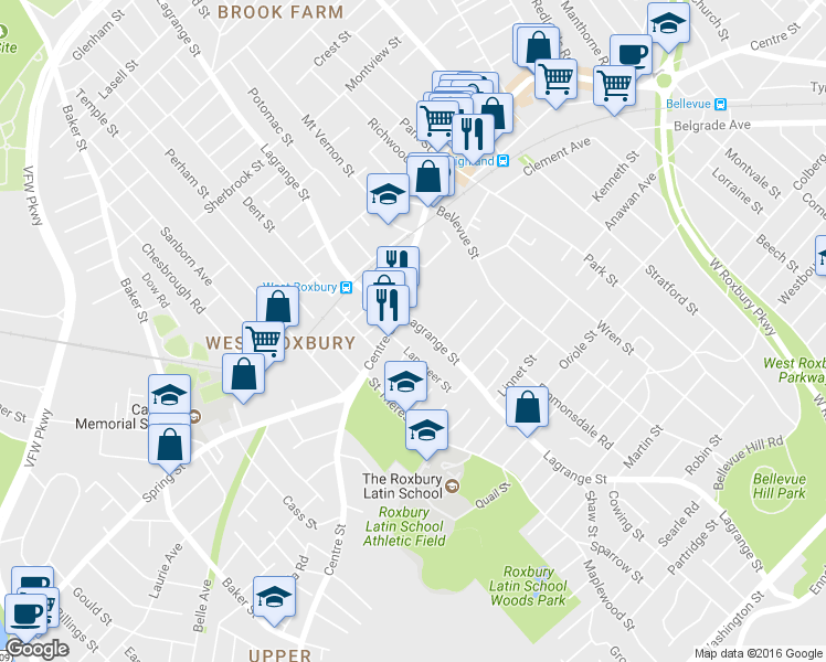map of restaurants, bars, coffee shops, grocery stores, and more near 369 Lagrange Street in Boston