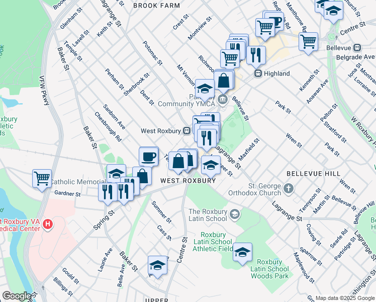 map of restaurants, bars, coffee shops, grocery stores, and more near 35 Elgin Street in Boston