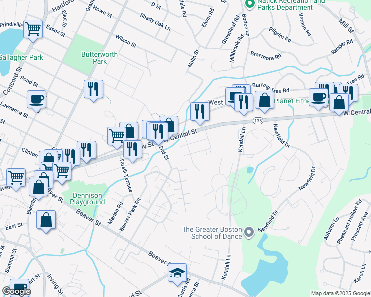 map of restaurants, bars, coffee shops, grocery stores, and more near 17 Garden Road in Natick